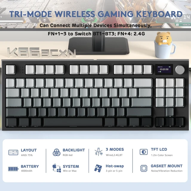 Alt view image 2 of 7 - K86 RGB 75% Wireless Gasket Mechanical Keyboard,3-Mode Bluetooth5.0/2.4G/USB-C Hot Swappable Gaming Keyboard Side Print Keycaps,4000 mAH Battery Knob&Display,Linear Switches-Moonlight