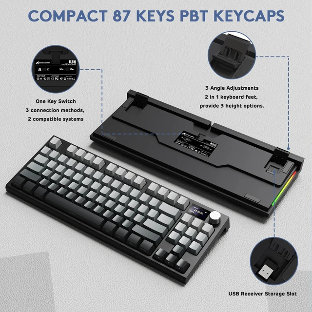 Alt view image 7 of 7 - K86 RGB 75% Wireless Gasket Mechanical Keyboard,3-Mode Bluetooth5.0/2.4G/USB-C Hot Swappable Gaming Keyboard Side Print Keycaps,4000 mAH Battery Knob&Display,Linear Switches-Moonlight