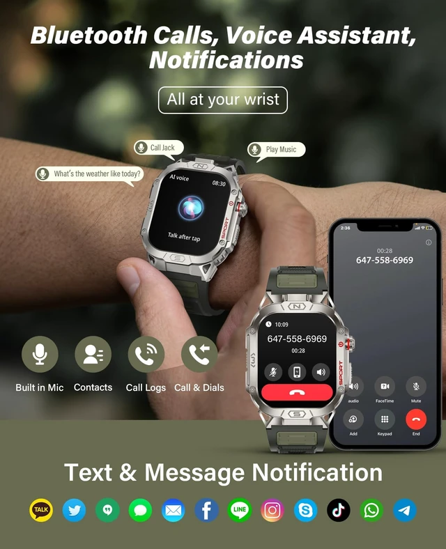 Alt view image 3 of 7 - Smart Watch for Men with LED Flashlight, 2.02" HD Display Rugged Outdoor Sport Smartwatch with Compass/Altimeter/Barometer, Waterproof Fitness Tracker, Heart Rate Sleep Monitor for iOS Android