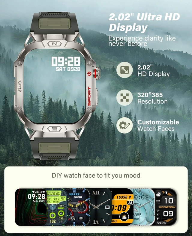 Alt view image 4 of 7 - Smart Watch for Men with LED Flashlight, 2.02" HD Display Rugged Outdoor Sport Smartwatch with Compass/Altimeter/Barometer, Waterproof Fitness Tracker, Heart Rate Sleep Monitor for iOS Android