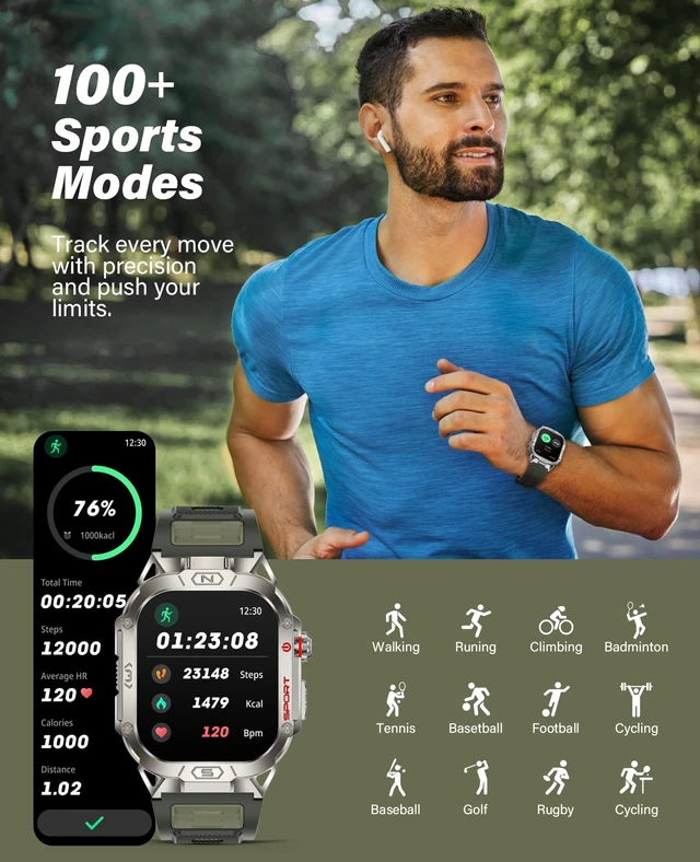 Alt view image 5 of 7 - Smart Watch for Men with LED Flashlight, 2.02" HD Display Rugged Outdoor Sport Smartwatch with Compass/Altimeter/Barometer, Waterproof Fitness Tracker, Heart Rate Sleep Monitor for iOS Android