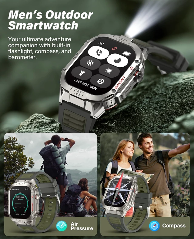 Alt view image 7 of 7 - Smart Watch for Men with LED Flashlight, 2.02" HD Display Rugged Outdoor Sport Smartwatch with Compass/Altimeter/Barometer, Waterproof Fitness Tracker, Heart Rate Sleep Monitor for iOS Android
