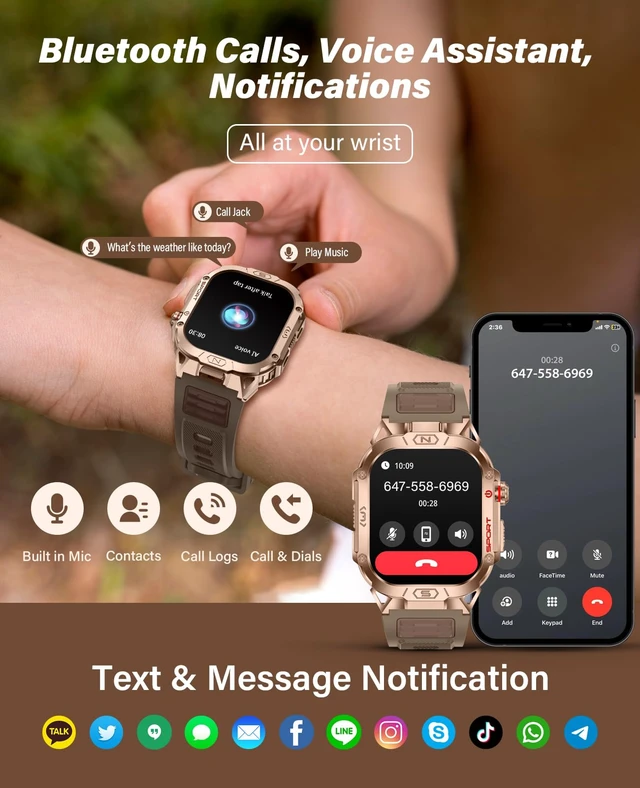 Alt view image 3 of 7 - Military Grade Smart Watches for Men LED flashlight, Blood Pressure/Heart Rate/SpO2/Sleep, 500mAh Large capacity battery, Waterproof Rugged Fitness Tracker Compatible with Android and iOS Phone