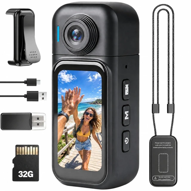 Main image of Mini Camera for Vlogging, 1080P with Touchscreen, 180° Lens, 32GB 2.4GHz WiFi, 44.8g lightweight body, hands-free use, ready-to-use kit for travel, quick vlogs, everyday moments and POV clips