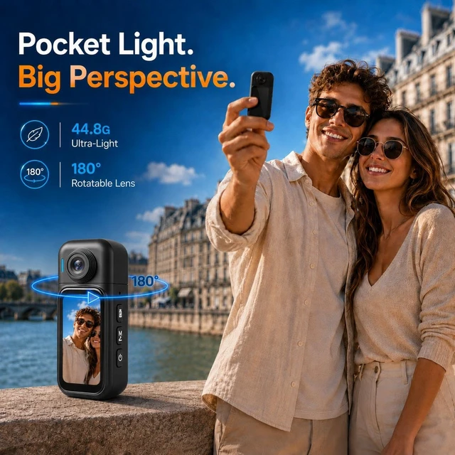 Alt view image 3 of 7 - Mini Camera for Vlogging, 1080P with Touchscreen, 180° Lens, 32GB 2.4GHz WiFi, 44.8g lightweight body, hands-free use, ready-to-use kit for travel, quick vlogs, everyday moments and POV clips
