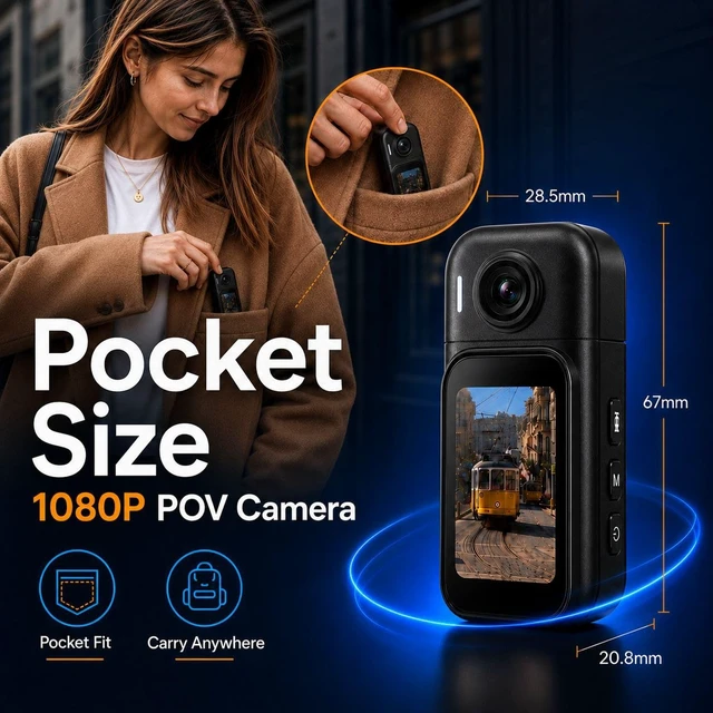 Alt view image 4 of 7 - Mini Camera for Vlogging, 1080P with Touchscreen, 180° Lens, 32GB 2.4GHz WiFi, 44.8g lightweight body, hands-free use, ready-to-use kit for travel, quick vlogs, everyday moments and POV clips