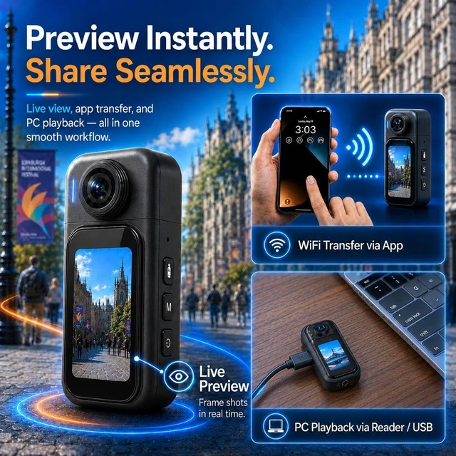 Alt view image 6 of 7 - Mini Camera for Vlogging, 1080P with Touchscreen, 180° Lens, 32GB 2.4GHz WiFi, 44.8g lightweight body, hands-free use, ready-to-use kit for travel, quick vlogs, everyday moments and POV clips