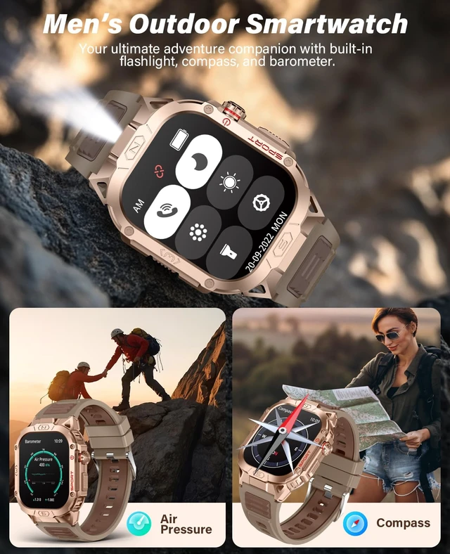 Alt view image 7 of 7 - Military Grade Smart Watches for Men LED flashlight, Blood Pressure/Heart Rate/SpO2/Sleep, 500mAh Large capacity battery, Waterproof Rugged Fitness Tracker Compatible with Android and iOS Phone