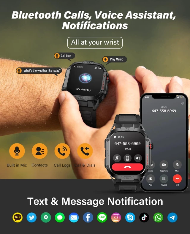Alt view image 3 of 7 - Military Smart Watch for Men Answer/Make Call, 2.02" Outdoor Sport Smartwatch with Flashlight, Heart Rate Blood oxygen Blood Pressure Sleep, 100+ Sport Modes Fitness Tracker for Android and iOS