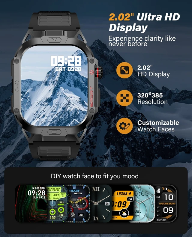 Alt view image 4 of 7 - Military Smart Watch for Men Answer/Make Call, 2.02" Outdoor Sport Smartwatch with Flashlight, Heart Rate Blood oxygen Blood Pressure Sleep, 100+ Sport Modes Fitness Tracker for Android and iOS