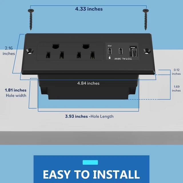 Alt view image 7 of 7 - PD 36W Recessed Outlet Station, USB-A, USB-C, Power Delivery ETL Listed, Matte Black, Desktop Power Grommet, Thermoplastic, Tough and Heat Resistant, Easy Installation