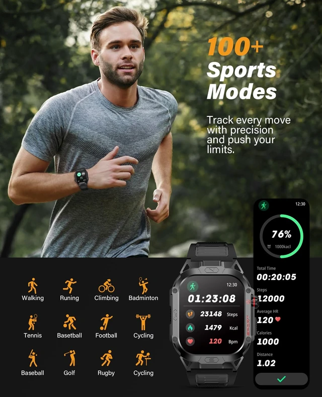 Alt view image 5 of 7 - Military Smart Watch for Men Answer/Make Call, 2.02" Outdoor Sport Smartwatch with Flashlight, Heart Rate Blood oxygen Blood Pressure Sleep, 100+ Sport Modes Fitness Tracker for Android and iOS