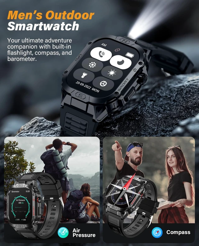 Alt view image 7 of 7 - Military Smart Watch for Men Answer/Make Call, 2.02" Outdoor Sport Smartwatch with Flashlight, Heart Rate Blood oxygen Blood Pressure Sleep, 100+ Sport Modes Fitness Tracker for Android and iOS