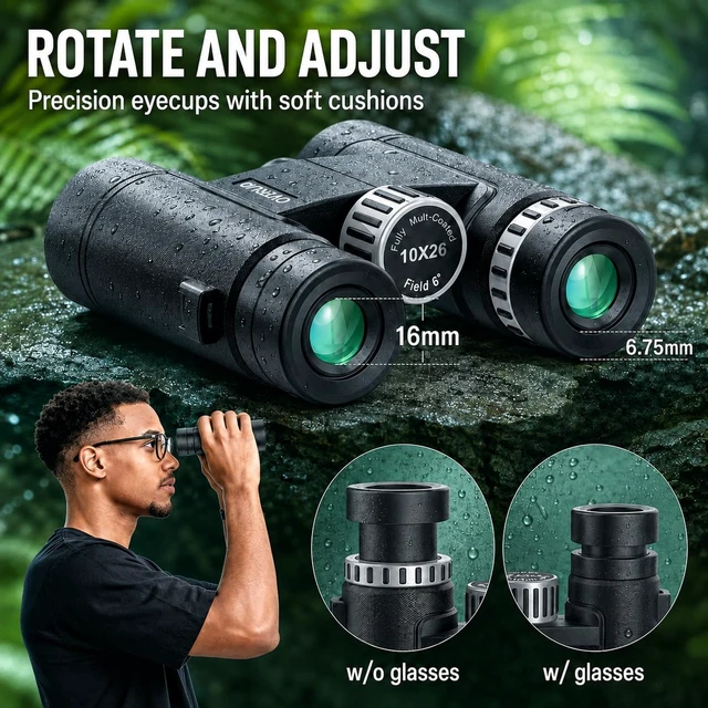 Alt view image 7 of 7 - 10x26 Compact Binoculars for Adults Travel Cruise Ship Birding Waterproof Small High Power Binoculars for Bird Watching Hiking Camping Wildlife Concert Pocket Size BAK4 Prism FMC Optics Lightweight
