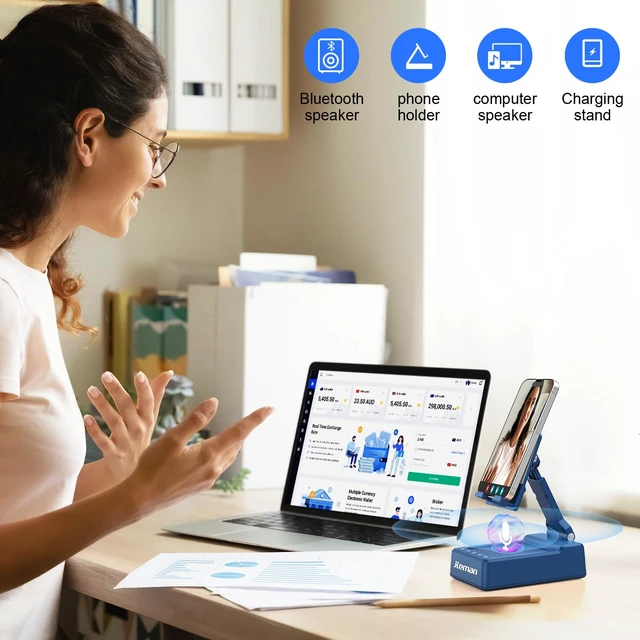 Alt view image 5 of 7 - Gifts for Men Women,Cell Phone Stand with Bluetooth Speaker,Cool Tech Gadgets,Unique Birthday Gifts for Men Husband Mom Dad-Blue