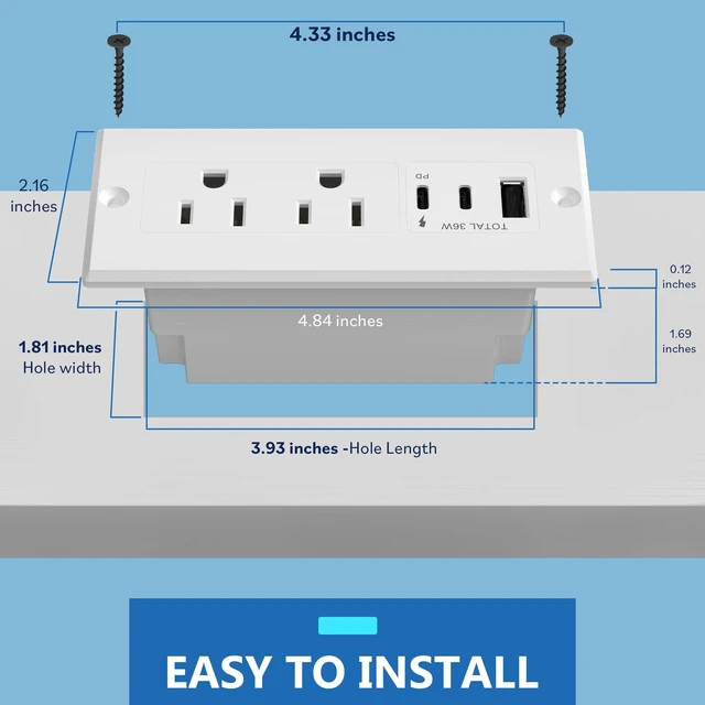 Alt view image 7 of 7 - PD 36W Recessed Outlet Station, USB-A, USB-C, Power Delivery ETL Listed, Matte White, Desktop Power Grommet, Thermoplastic, Tough And Heat Resistant, Easy Installation