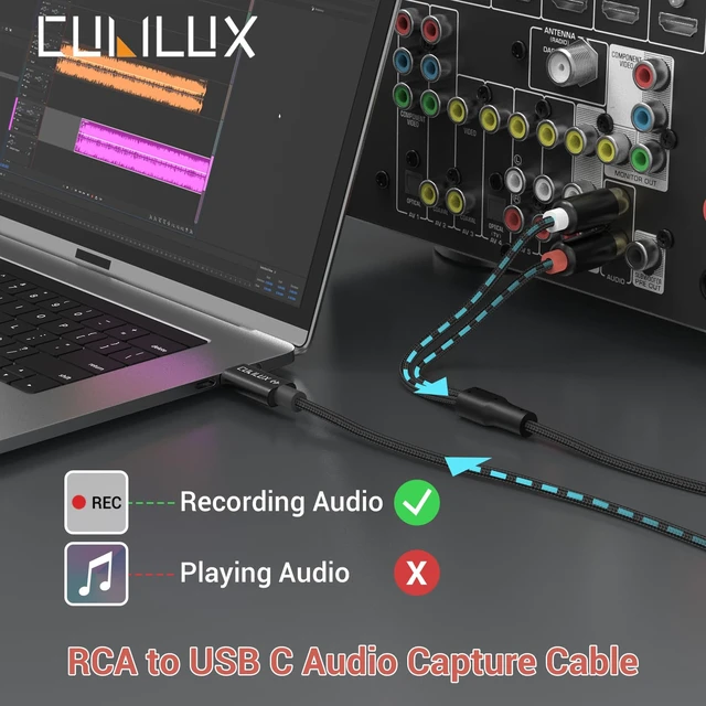 Alt view image 2 of 6 - RCA to USB C Audio Capture Cable, RCA Input to Type C Line-in Hi-Res 96KHz/24-bit Analog-to-Digital Recording Cord for Cassettes, Mixers & CD Players, 5FT (Not for Playback)