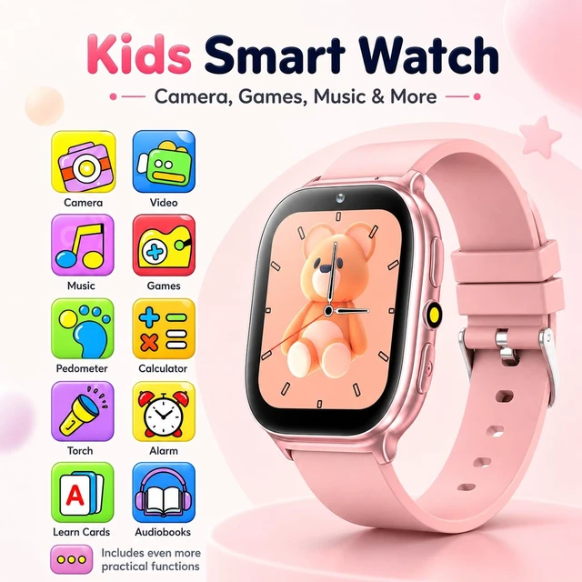 Alt view image 4 of 7 - Kids Smart Watch for Girls Boys Age 5-12, 10 Alarms and Vibration Reminder, App Location Check, 20 Puzzle Games HD Touch Screen Watch with Camera, Music Player, Pedometer, Flashlight, Gift(Pink)
