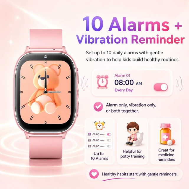 Alt view image 3 of 7 - Kids Smart Watch for Girls Boys Age 5-12, 10 Alarms and Vibration Reminder, App Location Check, 20 Puzzle Games HD Touch Screen Watch with Camera, Music Player, Pedometer, Flashlight, Gift(Pink)