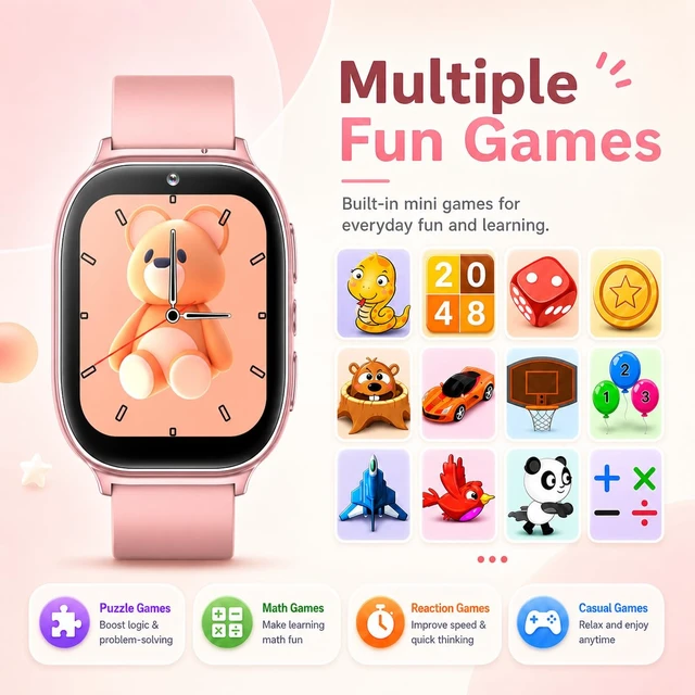 Alt view image 5 of 7 - Kids Smart Watch for Girls Boys Age 5-12, 10 Alarms and Vibration Reminder, App Location Check, 20 Puzzle Games HD Touch Screen Watch with Camera, Music Player, Pedometer, Flashlight, Gift(Pink)