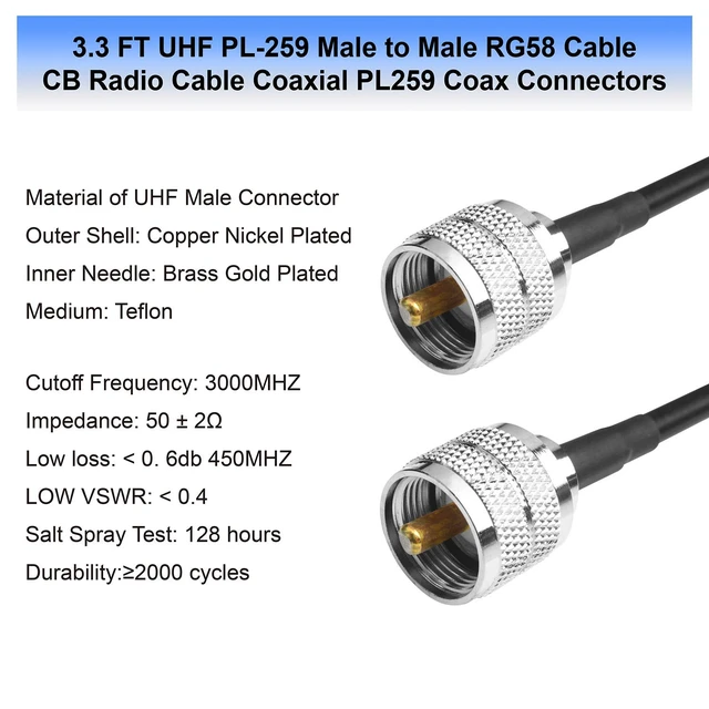 Alt view image 4 of 7 - RG58 Coax Cable PL259 Jumper - 3.3FT Low Loss UHF Male to Male Radio Cable for CB Antenna - VHF HF 50 ohm