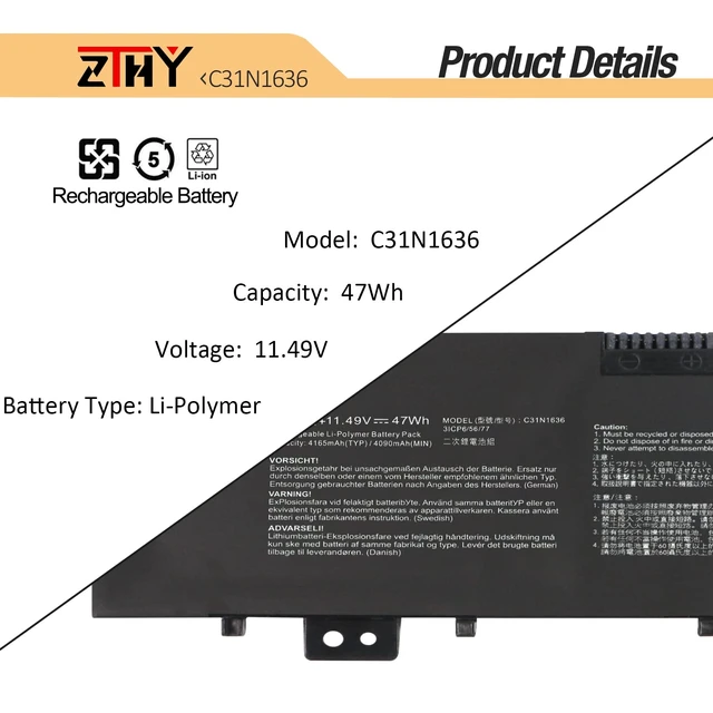 Alt view image 3 of 7 - C31N1636 Battery Replacement for Asus VivoBook Pro 15 N580V N580VD N580VN N580GD NX580V NX580VD X580VD X580VN M580VD M580GD ZenBook Pro UX502VD Laptop Battery N580VD-DM651T 11.49V 47Wh 4165mAh