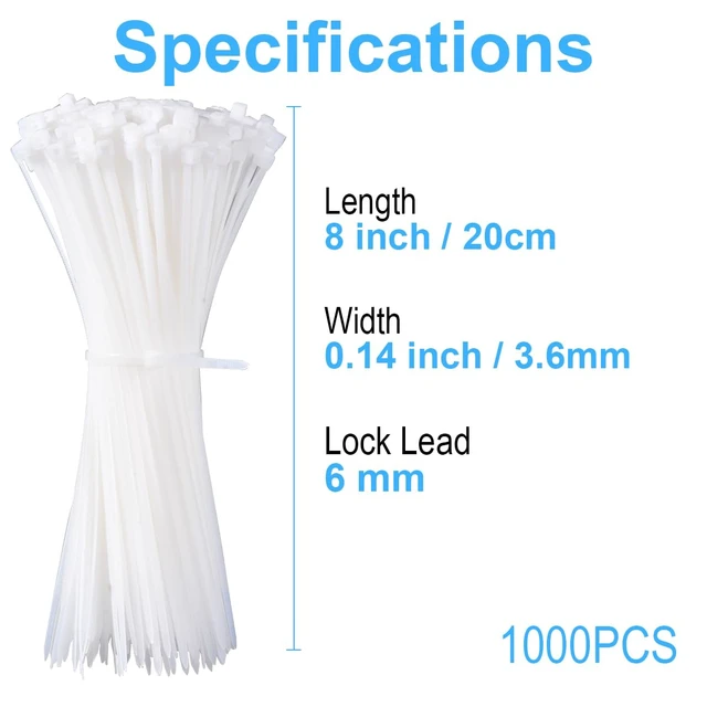 Alt view image 2 of 7 - White Zip Ties 8 Inch 1000 Pack, 40 lbs Nylon Cable Ties, Self Locking UV Resistant Wire Ties for Wreath Crafts, DIY, Decor, Indoor Outdoor, Home and Garden