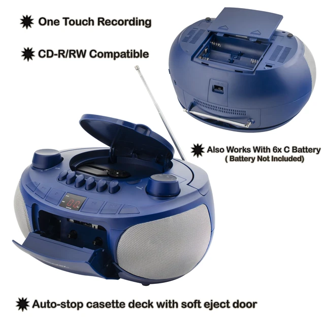 Alt view image 4 of 7 - AM/FM Top Loading Cassette CD Player Portable Stereo with Programmable Memory Auxiliary Input, Auto-Stop Deck and LED Display (Blue)