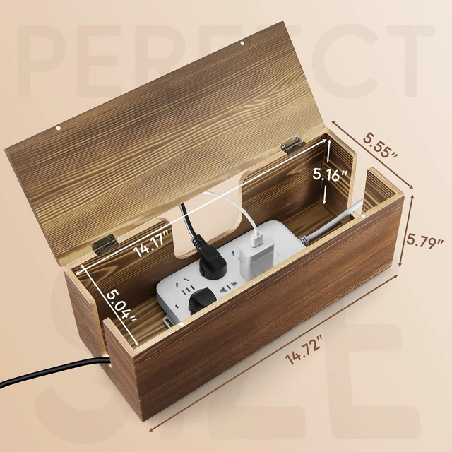 Alt view image 2 of 7 - Large Cable Management Box - Burnt Wood Cable Organizer Box and Floor Cord Covers for Electrical Cord Management - Hide Desk Cord and Floor Cables - Wire Storage and Organization for Cords