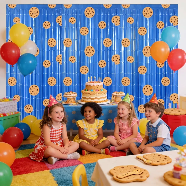 Alt view image 7 of 7 - 3 Pack Cookie Fringe Curtain Backdrop Milk Cookie Party Decoration Cookie Tinsel Foil Fringe Curtains, Baby Shower Decorations, Sesame Party Decorations