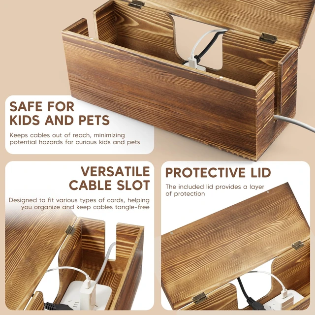 Alt view image 3 of 7 - Large Cable Management Box - Burnt Wood Cable Organizer Box and Floor Cord Covers for Electrical Cord Management - Hide Desk Cord and Floor Cables - Wire Storage and Organization for Cords