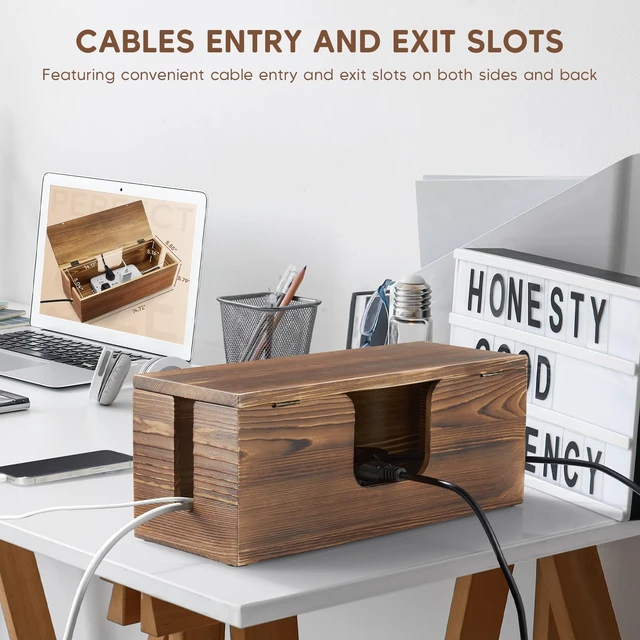 Alt view image 4 of 7 - Large Cable Management Box - Burnt Wood Cable Organizer Box and Floor Cord Covers for Electrical Cord Management - Hide Desk Cord and Floor Cables - Wire Storage and Organization for Cords