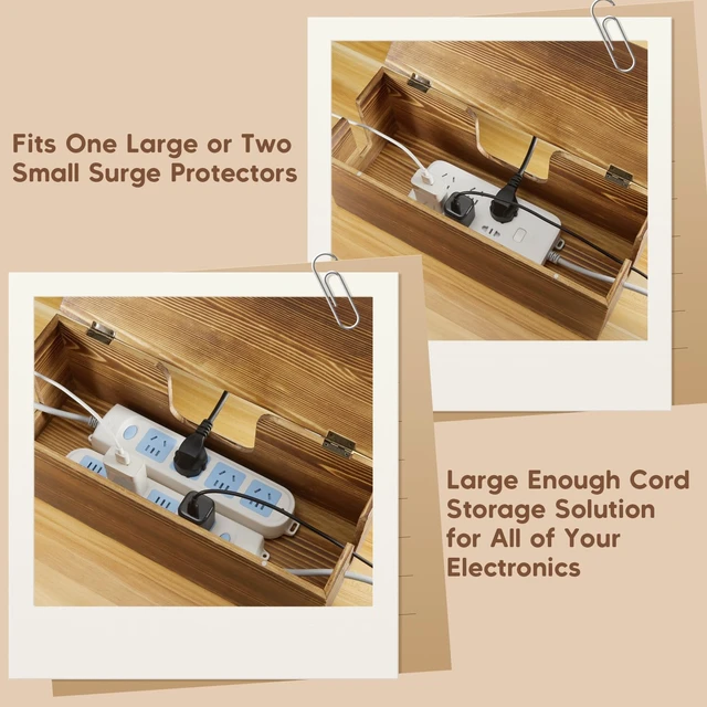 Alt view image 7 of 7 - Large Cable Management Box - Burnt Wood Cable Organizer Box and Floor Cord Covers for Electrical Cord Management - Hide Desk Cord and Floor Cables - Wire Storage and Organization for Cords