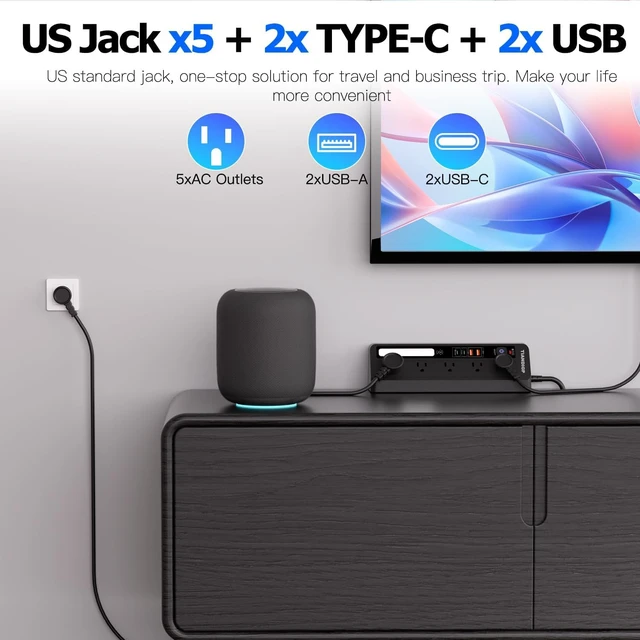 Alt view image 4 of 7 - Power Strip; Surge Protector with 5 Outlets, 2 USB-A,2 USB-C PD 35W Charging Station; 6 FT Flat Extension Cord ETL Listed,for Home, Office -Black
