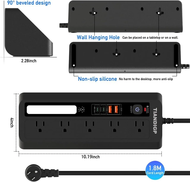 Alt view image 2 of 7 - Power Strip; Surge Protector with 5 Outlets, 2 USB-A,2 USB-C PD 35W Charging Station; 6 FT Flat Extension Cord ETL Listed,for Home, Office -Black