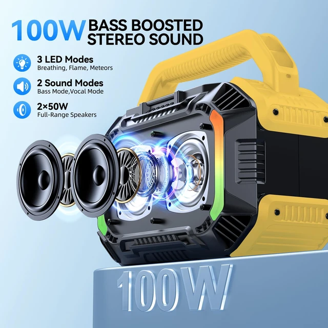 Alt view image 2 of 7 - Speakers Bluetooth Wireless, 100W Loud Outdoor Speaker With Bass, IPX7 Waterproof Floatable, 20H Playtime, Wireless Charge, TWS, RGB Light, Portable Speaker for Work, Garage, Outdoor (L-Yellow)