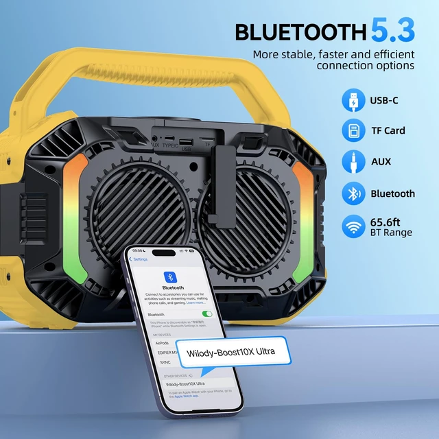 Alt view image 3 of 7 - Speakers Bluetooth Wireless, 100W Loud Outdoor Speaker With Bass, IPX7 Waterproof Floatable, 20H Playtime, Wireless Charge, TWS, RGB Light, Portable Speaker for Work, Garage, Outdoor (L-Yellow)