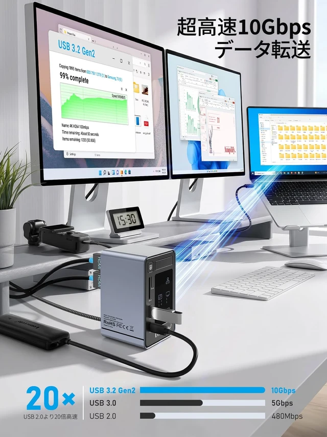 Alt view image 5 of 7 - Aluminum USB C Docking Station 2HDMI DP 4K 100W Gigabit LAN Hub USB3.2 10Gbps 3USB-A+USB-C Ports, SD/MicroSD reader, 3.5mm jack, LED indicator, touch screen-off key, multi-system compatible