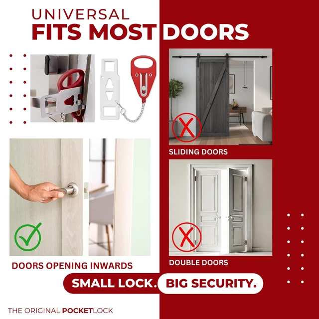 Alt view image 4 of 7 - Portable Door Lock + Door Stop Alarm Set Travel Safety Kit for Hotel Rooms, Home, Dorms & Apartments (Red, 2-Pack - 2 Locks + 2 Alarms)