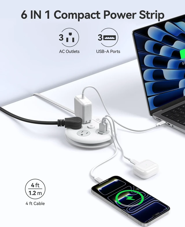 Alt view image 3 of 7 - Travel Power Strip, 4Ft 45° Flat Plug Extension Cord with 3 AC Outlets and 3 USB-A Charging Ports, Non-Surge Protector Essential for Cruise/Home/Office, White