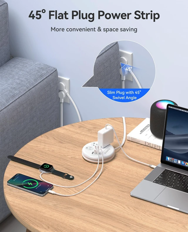 Alt view image 4 of 7 - Travel Power Strip, 4Ft 45° Flat Plug Extension Cord with 3 AC Outlets and 3 USB-A Charging Ports, Non-Surge Protector Essential for Cruise/Home/Office, White