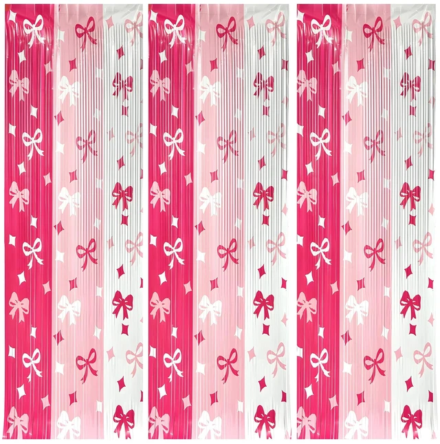 Main image of Pink Bow Streamer Backdrop 3.2x6.5 Feet, Pack of 3 Pink Bow Banner, Valentines Backdrop, Valentines Day Decorations, Pink Bow Birthday Decorations, Galentines Day Decorations