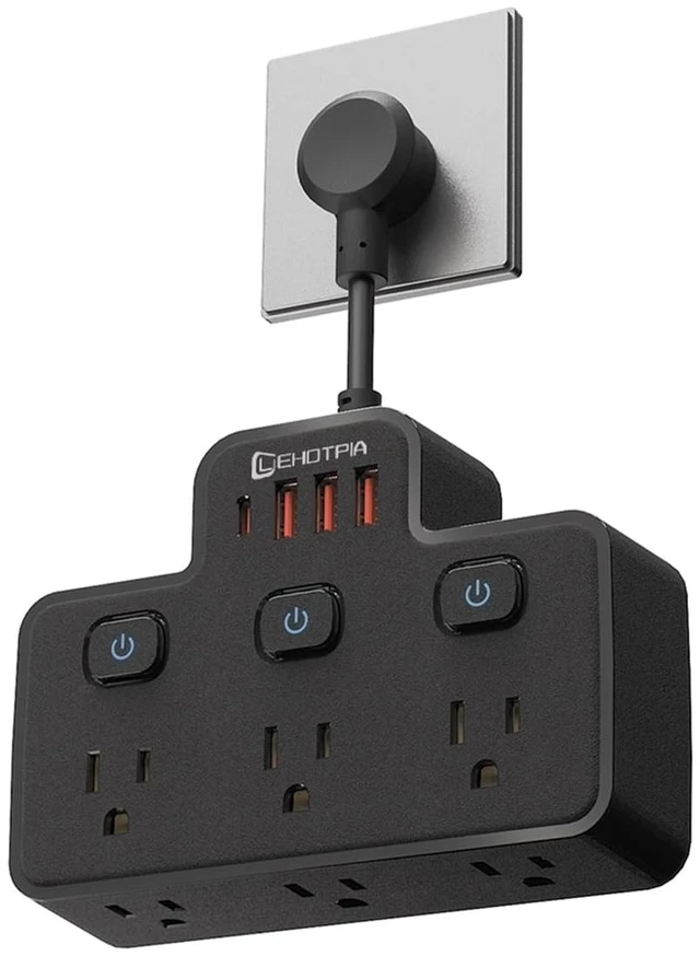 Main image of Short Extension Cord,Power Strip 6 Widely Outlets with 4 USB Ports.(Black) Wall Mount Small Power Strip for Travel, Home Office College Dorm Essentials (3 USB A,1 USB C)