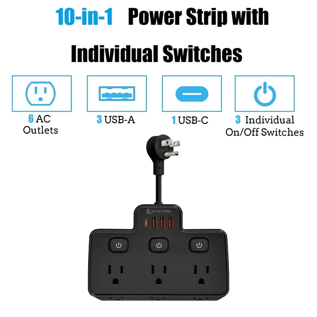 Alt view image 2 of 6 - Short Extension Cord,Power Strip 6 Widely Outlets with 4 USB Ports.(Black) Wall Mount Small Power Strip for Travel, Home Office College Dorm Essentials (3 USB A,1 USB C)
