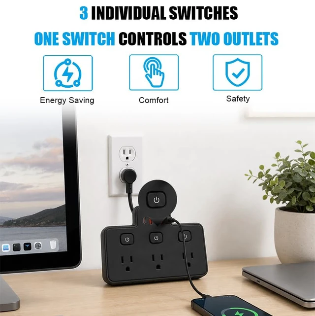 Alt view image 4 of 6 - Short Extension Cord,Power Strip 6 Widely Outlets with 4 USB Ports.(Black) Wall Mount Small Power Strip for Travel, Home Office College Dorm Essentials (3 USB A,1 USB C)