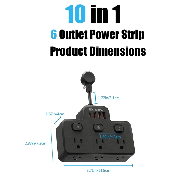 Alt view image 3 of 6 - Short Extension Cord,Power Strip 6 Widely Outlets with 4 USB Ports.(Black) Wall Mount Small Power Strip for Travel, Home Office College Dorm Essentials (3 USB A,1 USB C)