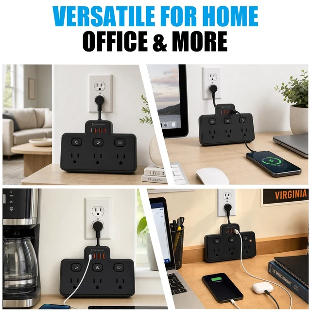 Alt view image 5 of 6 - Short Extension Cord,Power Strip 6 Widely Outlets with 4 USB Ports.(Black) Wall Mount Small Power Strip for Travel, Home Office College Dorm Essentials (3 USB A,1 USB C)