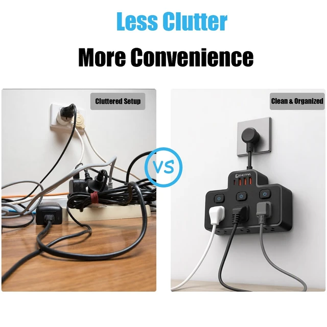 Alt view image 6 of 6 - Short Extension Cord,Power Strip 6 Widely Outlets with 4 USB Ports.(Black) Wall Mount Small Power Strip for Travel, Home Office College Dorm Essentials (3 USB A,1 USB C)