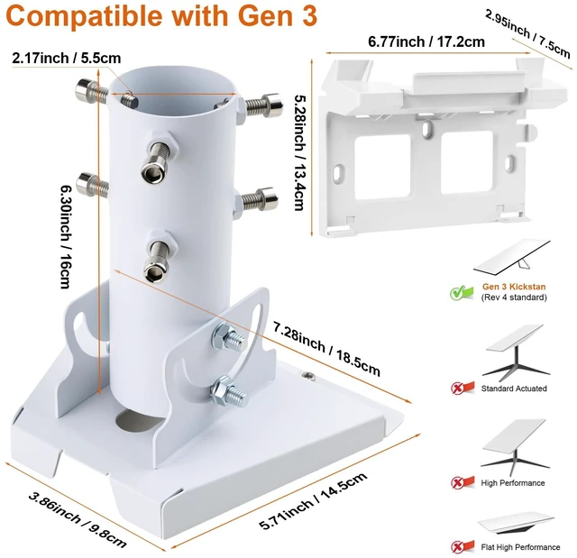 Alt view image 2 of 7 - Starlink Gen 3 Mount Starlink Pole Mount Comes with router bracket Starlink Mounting Kit for Starlink Standard 4/4X/V3 fits masts from 1.1-2.1in (28-54mm) Adapte White