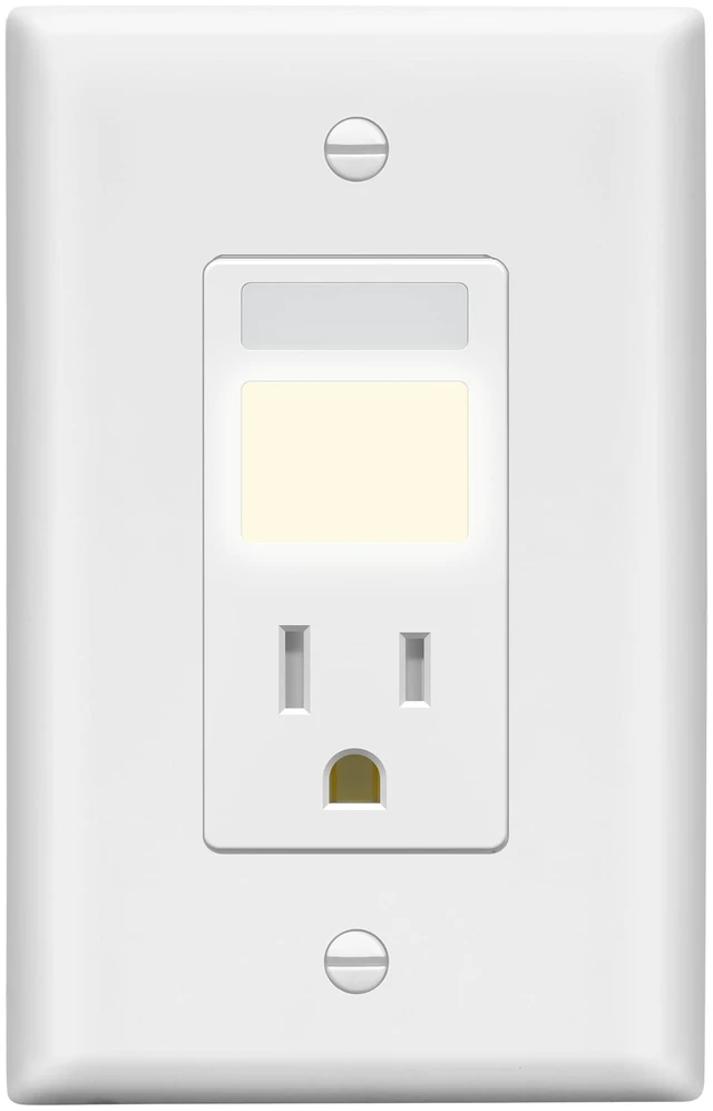 Main image of 15A Outlet, LED, Motion Sensor, PIR Guide Light Receptacle, UL Listed Matte White, Adjustable Time Delay, Tamper-Resistant, Wall Plate Included, Thermoplastic, Daylight Sensor